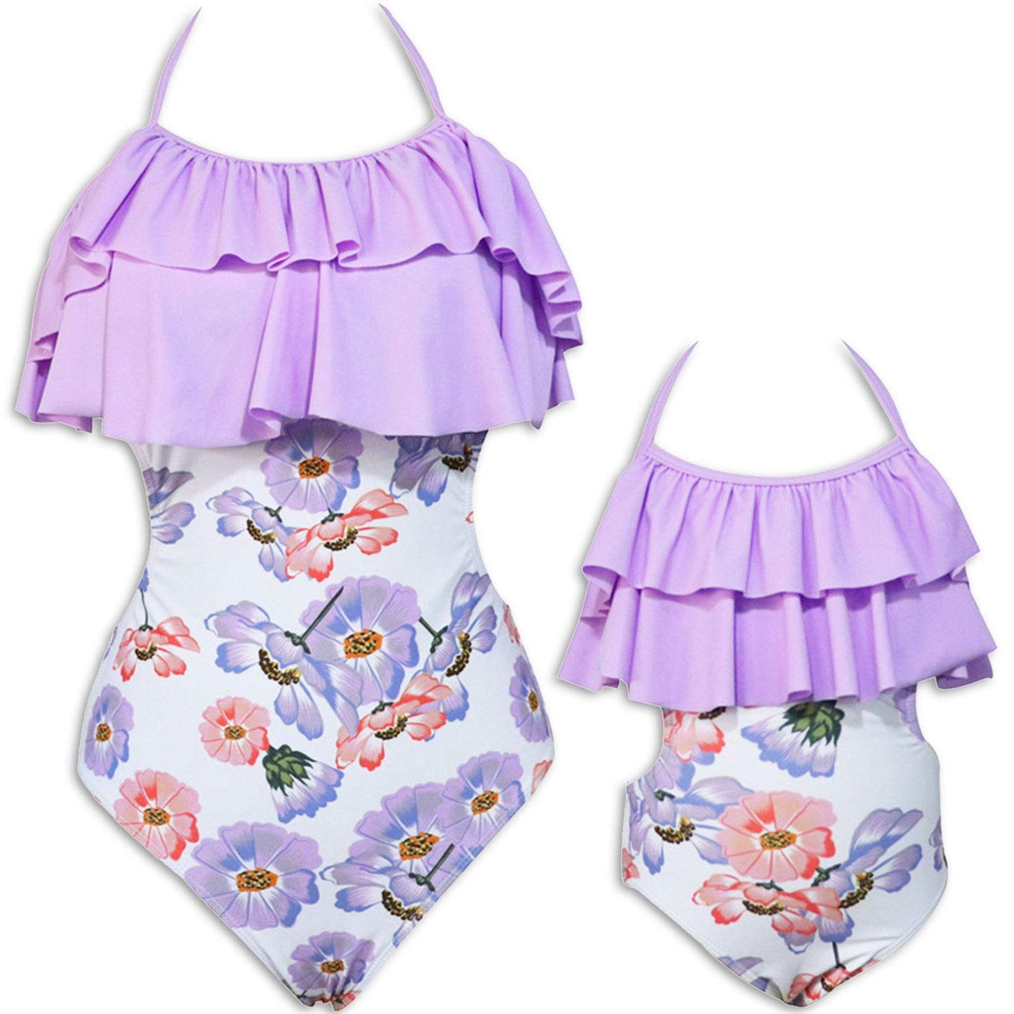 Ruffle Halter Floral Purple One Piece Swimsuit