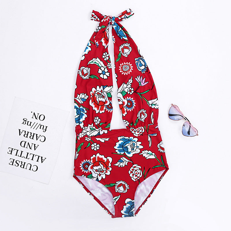 RED FLORAL WRAP ONE-PIECE SWIMSUIT