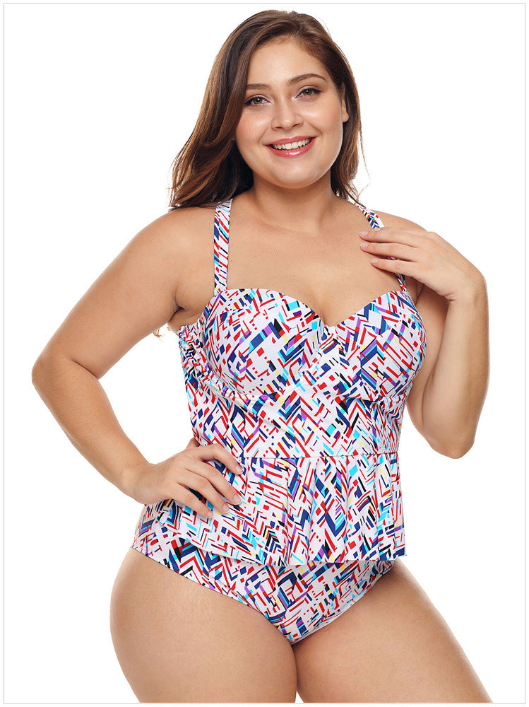 RUFFLED PLUS SIZE BIKINI GEOMETRIC PRINT