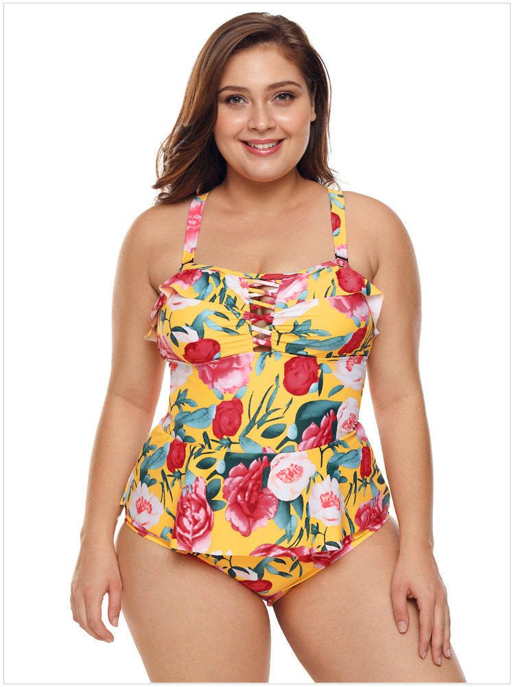 FLORAL RUFFLED PLUS SIZE ONE PIECE SWIMSUIT