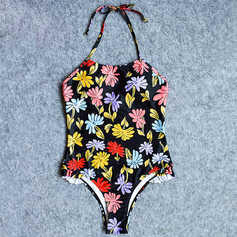 BLACK FLORAL PRINT ONE-PIECE SWIMSUIT