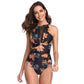 BLACK FLORAL PRINT MESH HALTER ONE PIECE