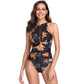 BLACK FLORAL PRINT MESH HALTER ONE PIECE