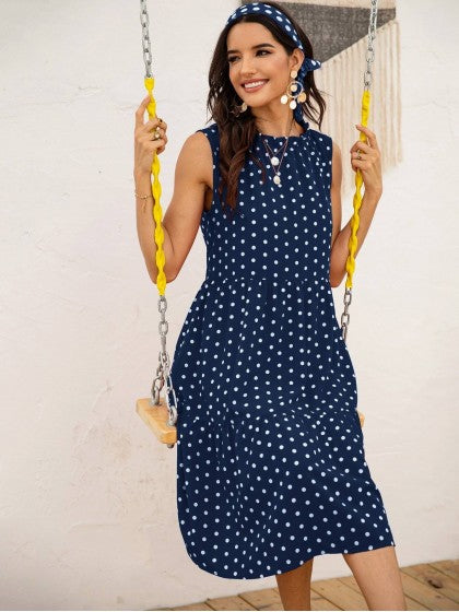 POLKA DOT RUFFLE HEM MIDI DRESS