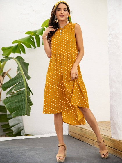 POLKA DOT RUFFLE HEM MIDI DRESS