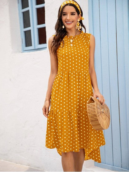 POLKA DOT RUFFLE HEM MIDI DRESS