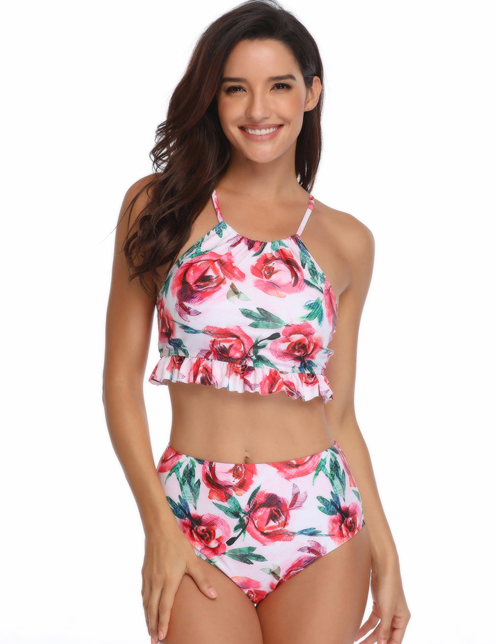 Halter Floral High Waisted Two Piece Bikini