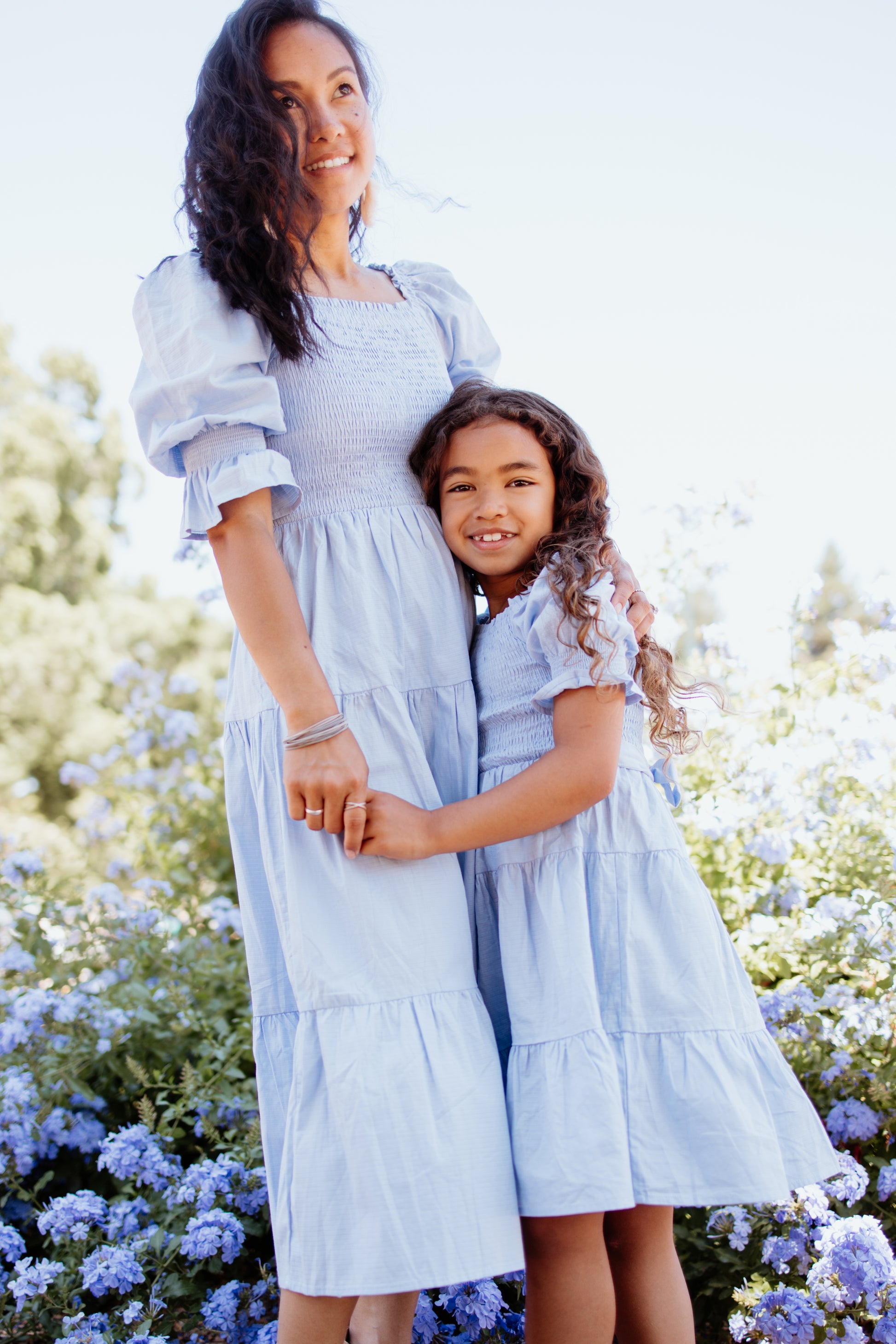 cotton mommy and me dresses Mommy & Me Organic Cotton Puff Sleeve Dresses in Pale Blue Vintage Floral