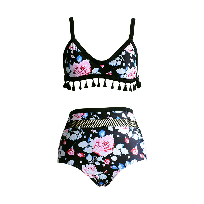 FLORAL BLACK MESH AND TASSEL HIGH WAISTED BIKINI