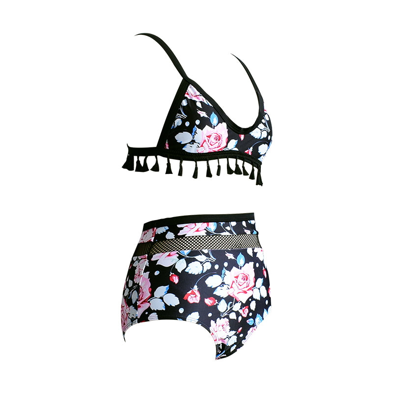 FLORAL BLACK MESH AND TASSEL HIGH WAISTED BIKINI