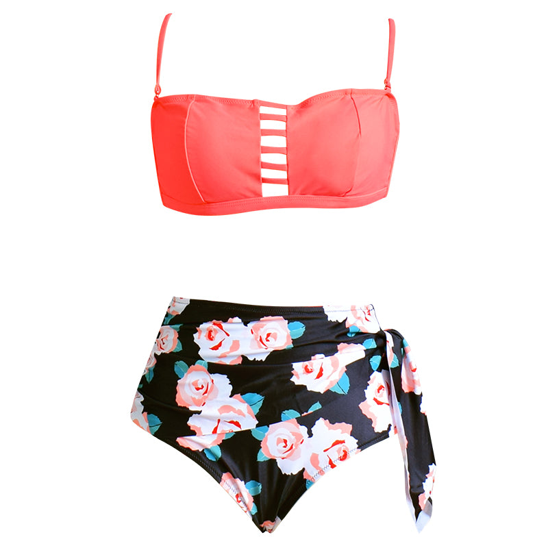 CORAL AND BLACK FLORAL STRAPPY BIKINI