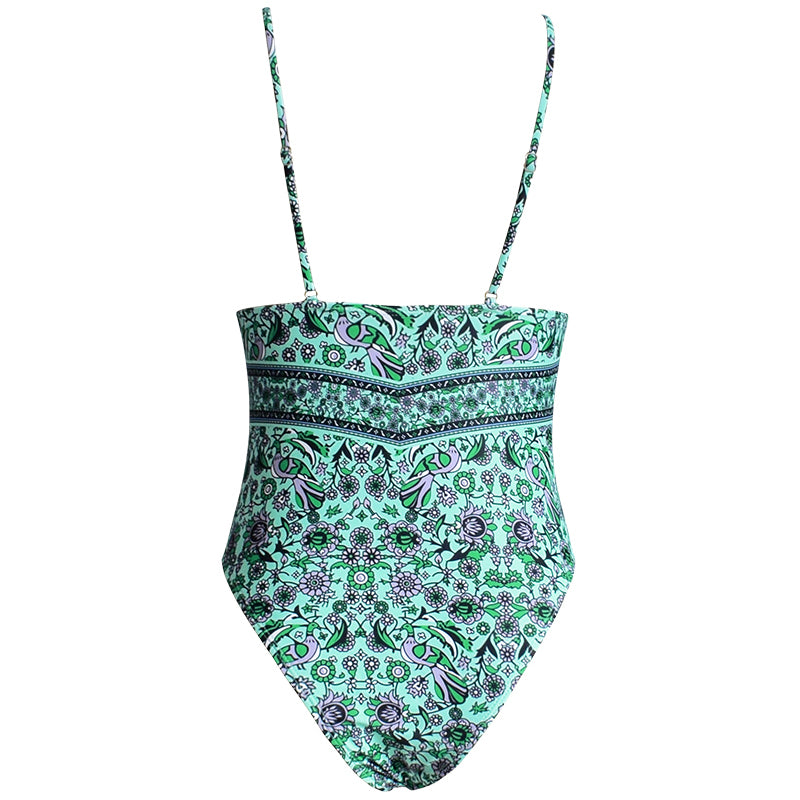 GREEN FLORAL LACE-UP TASSEL ONE-PIECE SWIMSUIT