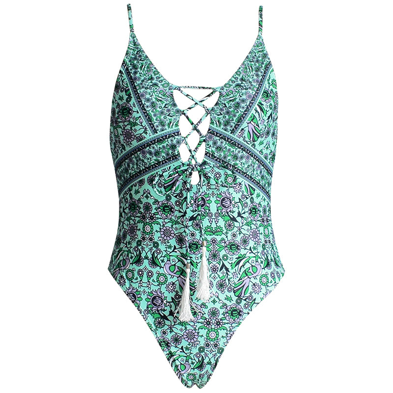 GREEN FLORAL LACE-UP TASSEL ONE-PIECE SWIMSUIT