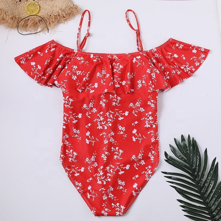 VINTAGE OFF SHOULDER RUFFLED RED FLORAL SWIMSUIT