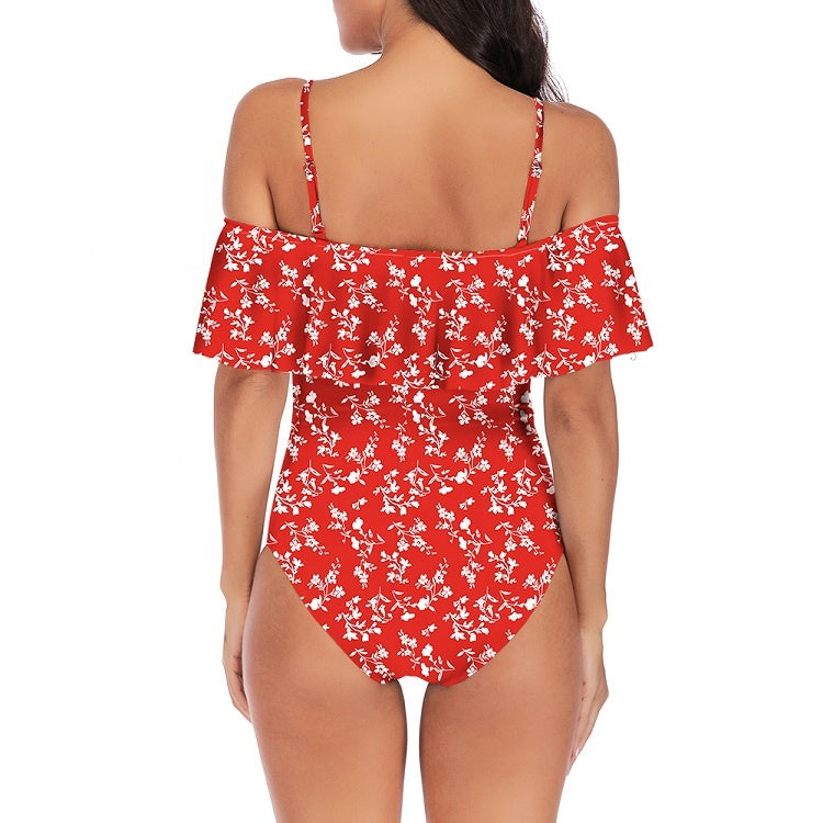 VINTAGE OFF SHOULDER RUFFLED RED FLORAL SWIMSUIT