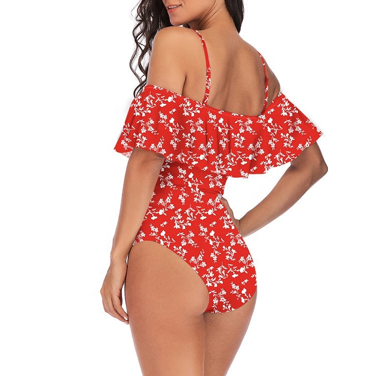 VINTAGE OFF SHOULDER RUFFLED RED FLORAL SWIMSUIT