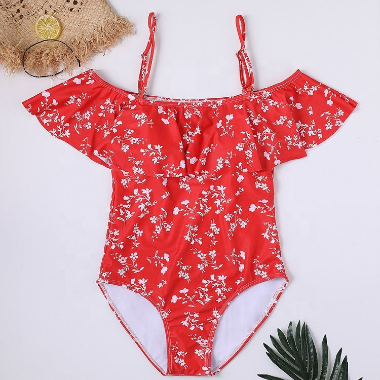 VINTAGE OFF SHOULDER RUFFLED RED FLORAL SWIMSUIT