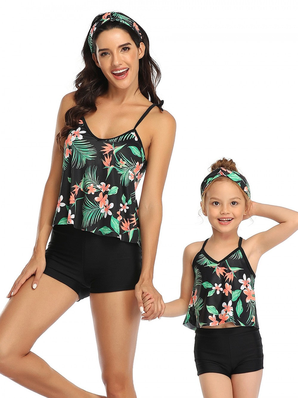 Mommy and Me  2 Piece Floral Green/Black Tankini