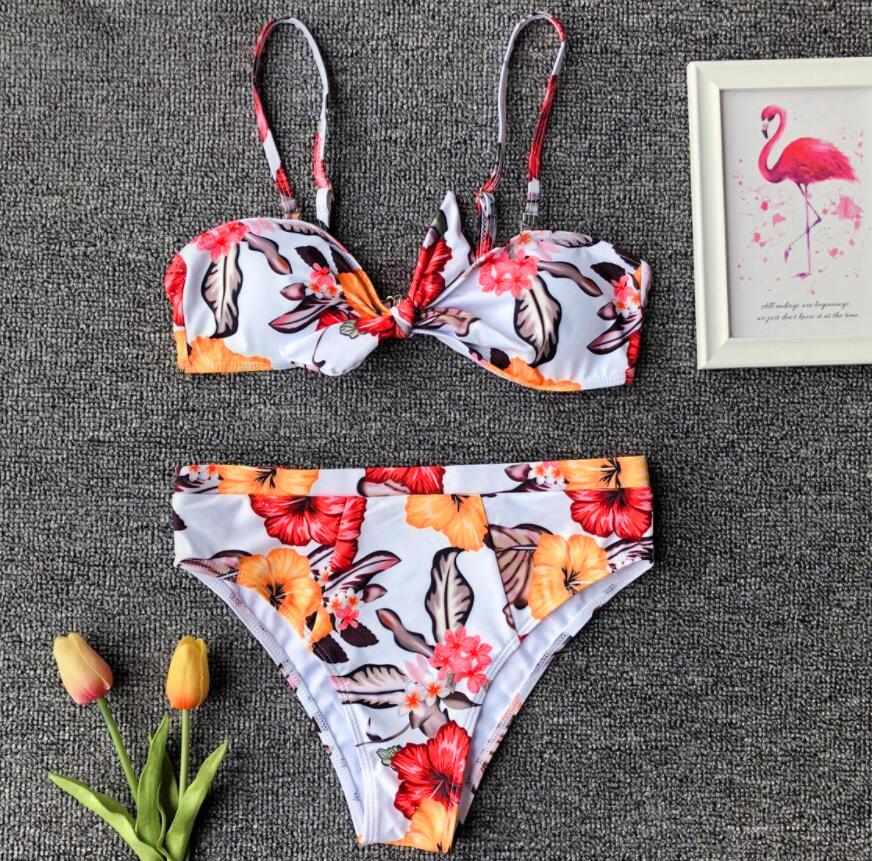 FRONT-KNOT WHITE FLORAL BIKINI