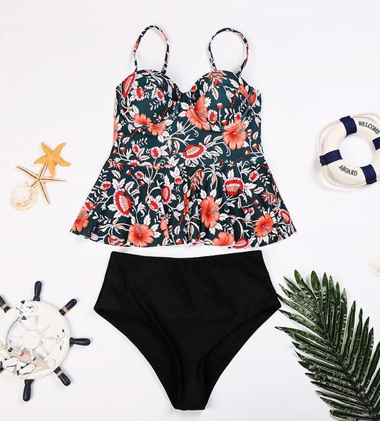 BLACK AND RED FLORAL TANKINI BIKINI