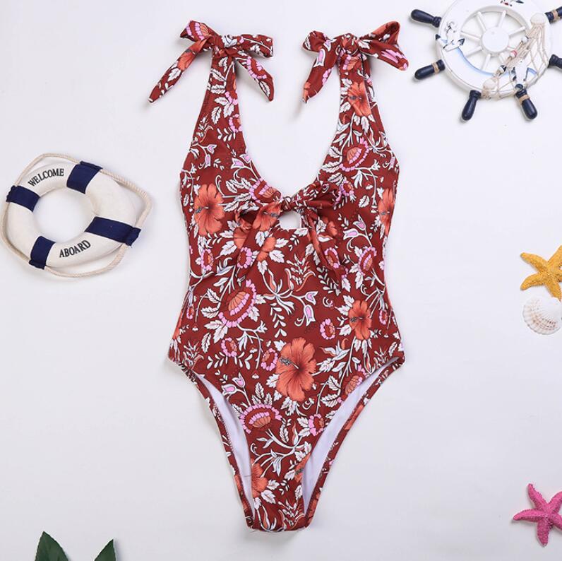 RED FLORAL SELF-TIE ONE PIECE SWIMSUIT