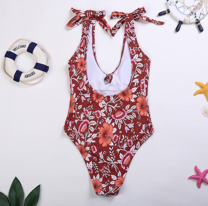 RED FLORAL SELF-TIE ONE PIECE SWIMSUIT