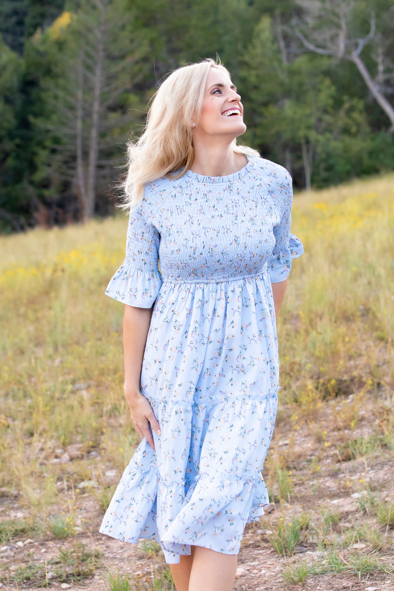 designer floral midi dress Green Floral Smocked Midi Dress - All Dresses
