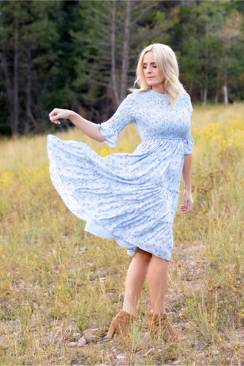 Dahlia Floral Midi Dress - Womens Blue Dress Large Dahlia Floral Midi Dress - Womens Blue Dress Large