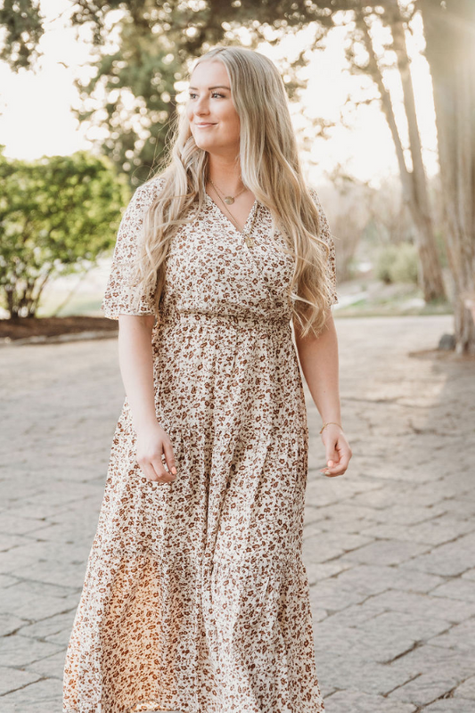 FLORAL HIGH WAIST BELTED MAXI DRESS BEIGE