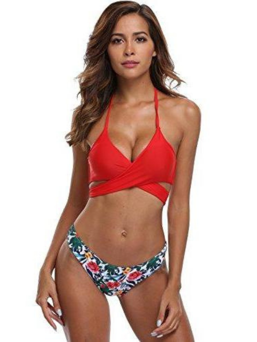 FLORAL RED TOP CROSS HALTER BIKINI