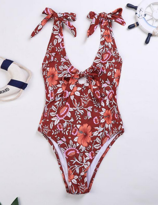 RED FLORAL SELF-TIE ONE PIECE SWIMSUIT