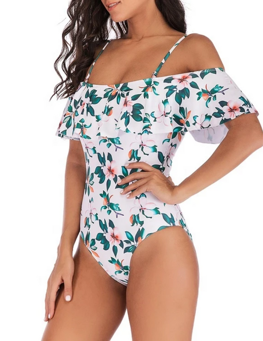 VINTAGE OFF SHOULDER RUFFLED WHITE FLORAL SWIMSUIT