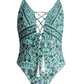GREEN FLORAL LACE-UP TASSEL ONE-PIECE SWIMSUIT