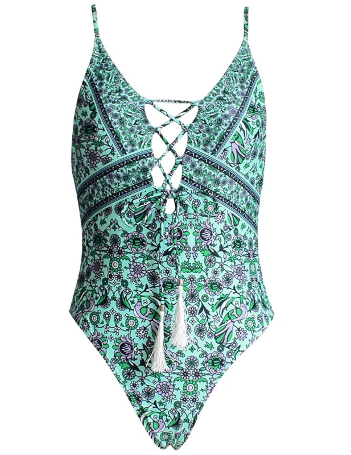 GREEN FLORAL LACE-UP TASSEL ONE-PIECE SWIMSUIT