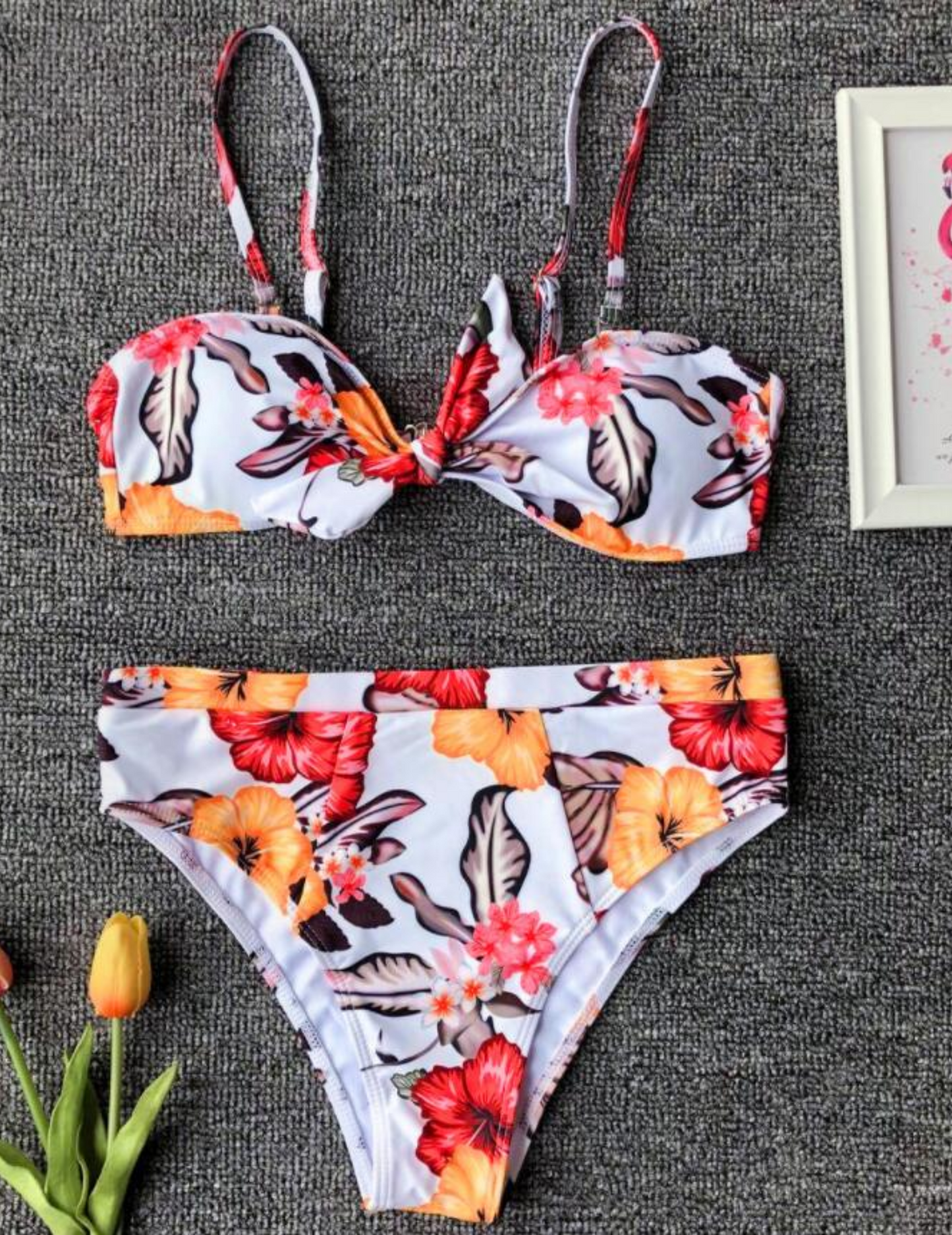 FRONT-KNOT WHITE FLORAL BIKINI