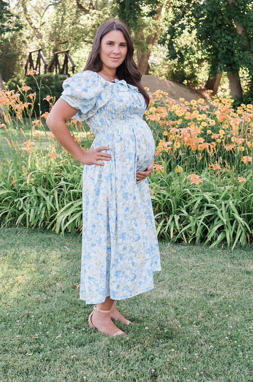 maternity midi dress Long Sleeve Button Front its great for nursing too. Verona Floral Blue Midi Dress