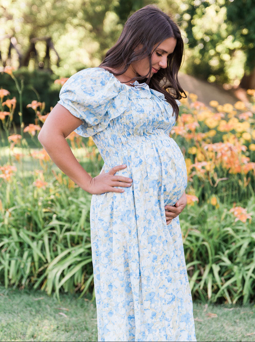 Verona Floral Blue Midi Dress - Nursing Friendly Large Verona Floral Blue Midi Dress - Nursing Friendly Large