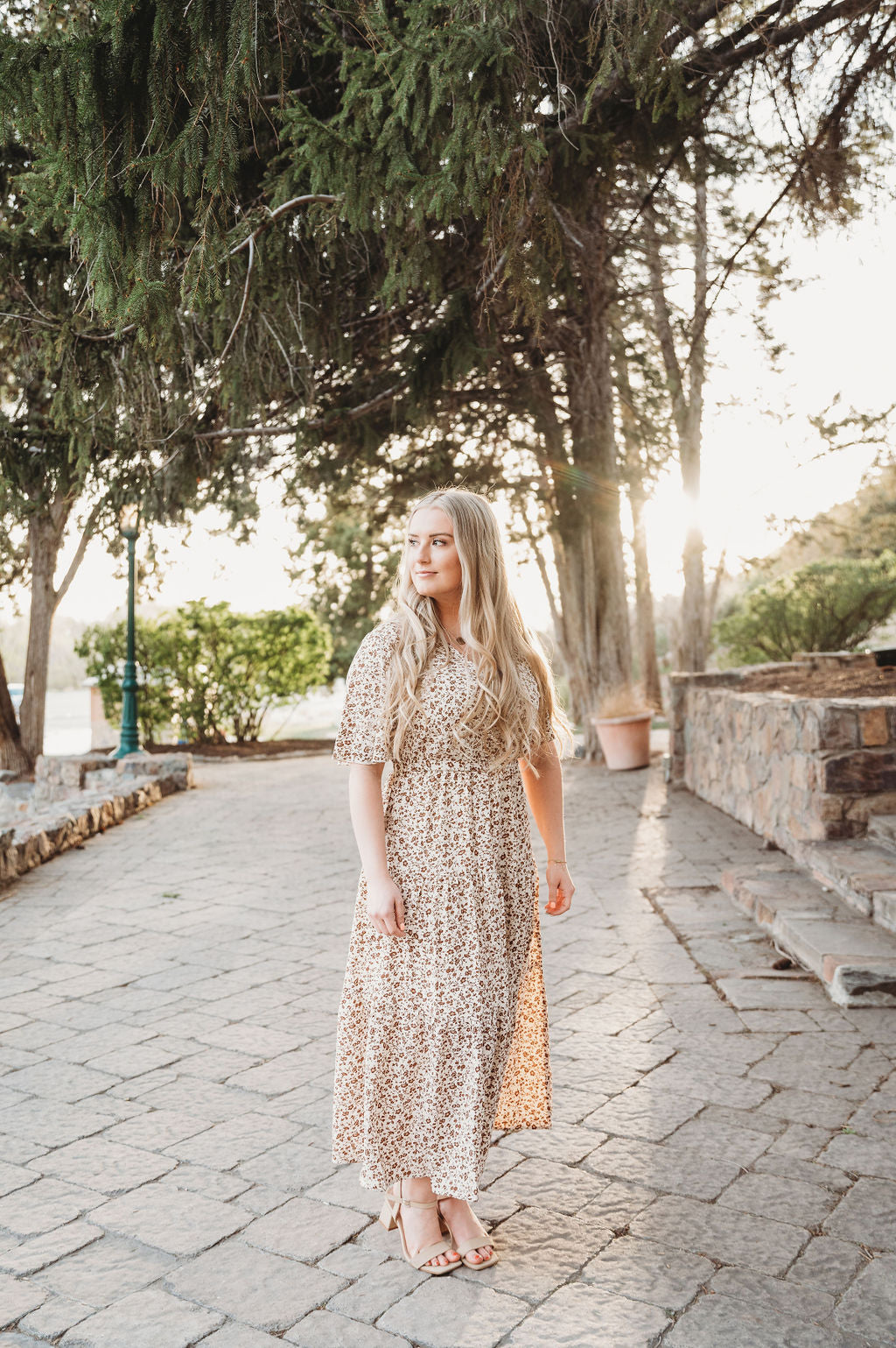 FLORAL HIGH WAIST BELTED MAXI DRESS BEIGE