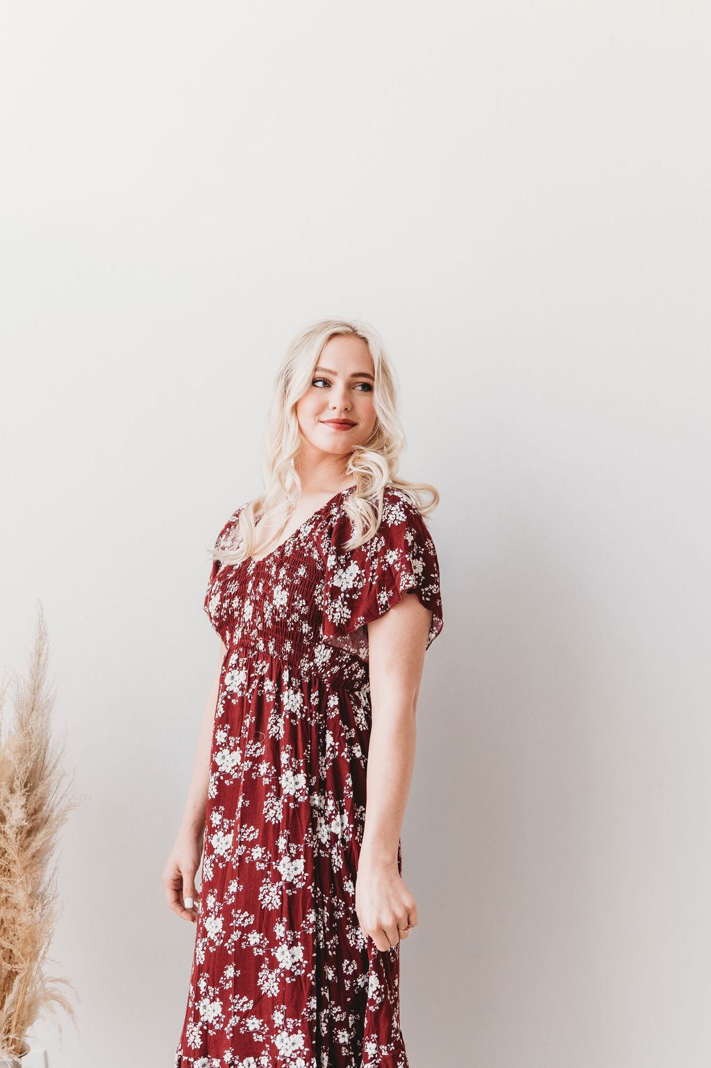 midi dress women modest Burgundy Floral Midi Dress Women Modest Dress Large