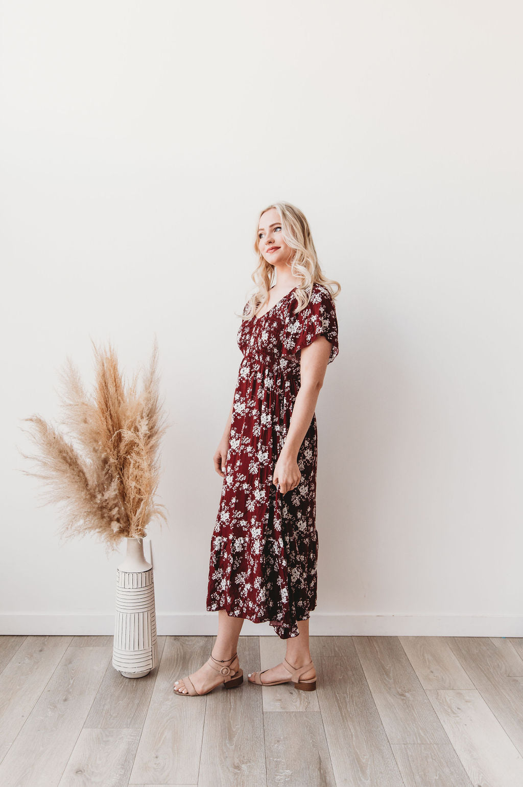 Laurel Floral Burgundy Rayon Midi Dress