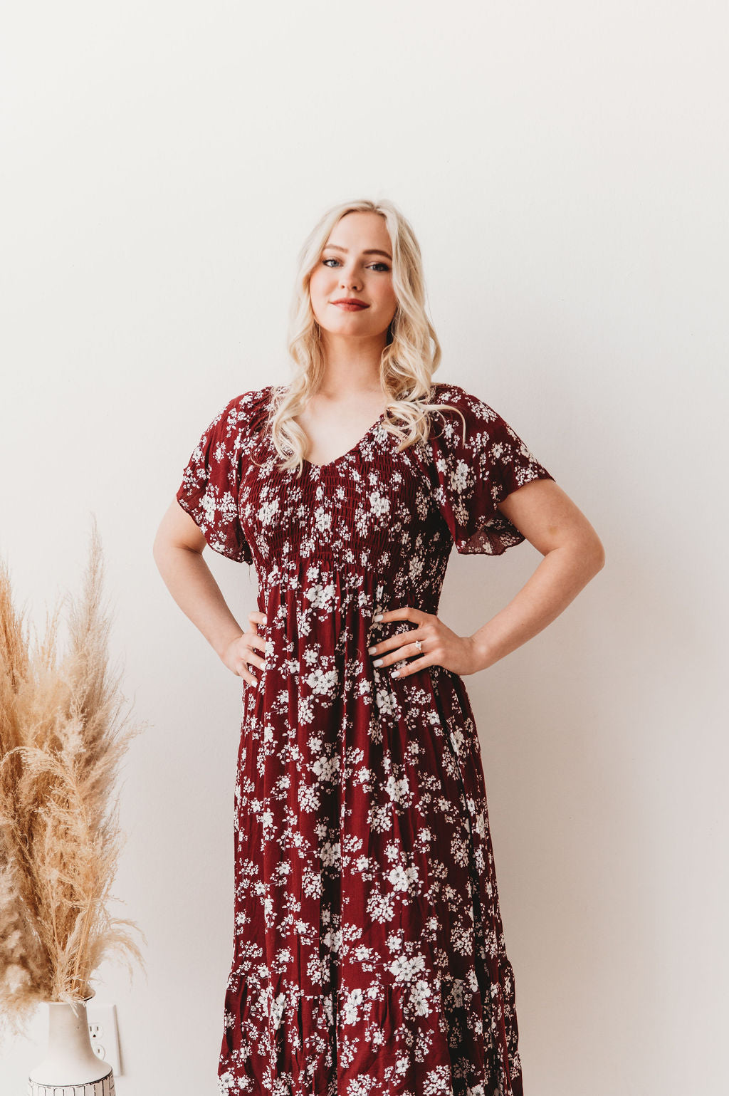 Burgundy Floral Midi Dress Women Modest Dress Large