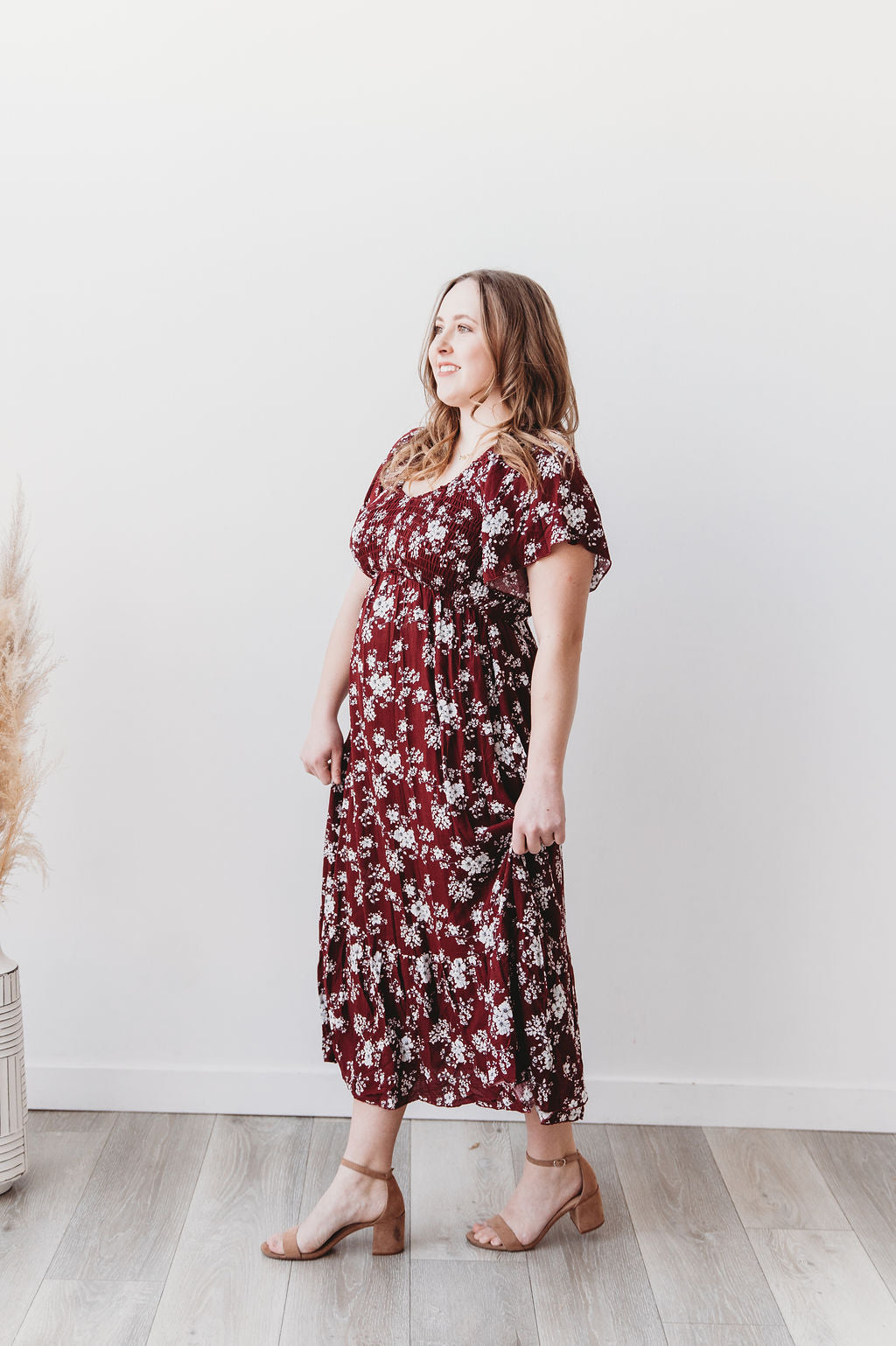 Burgundy Floral Midi Dress Women Modest Dress Large