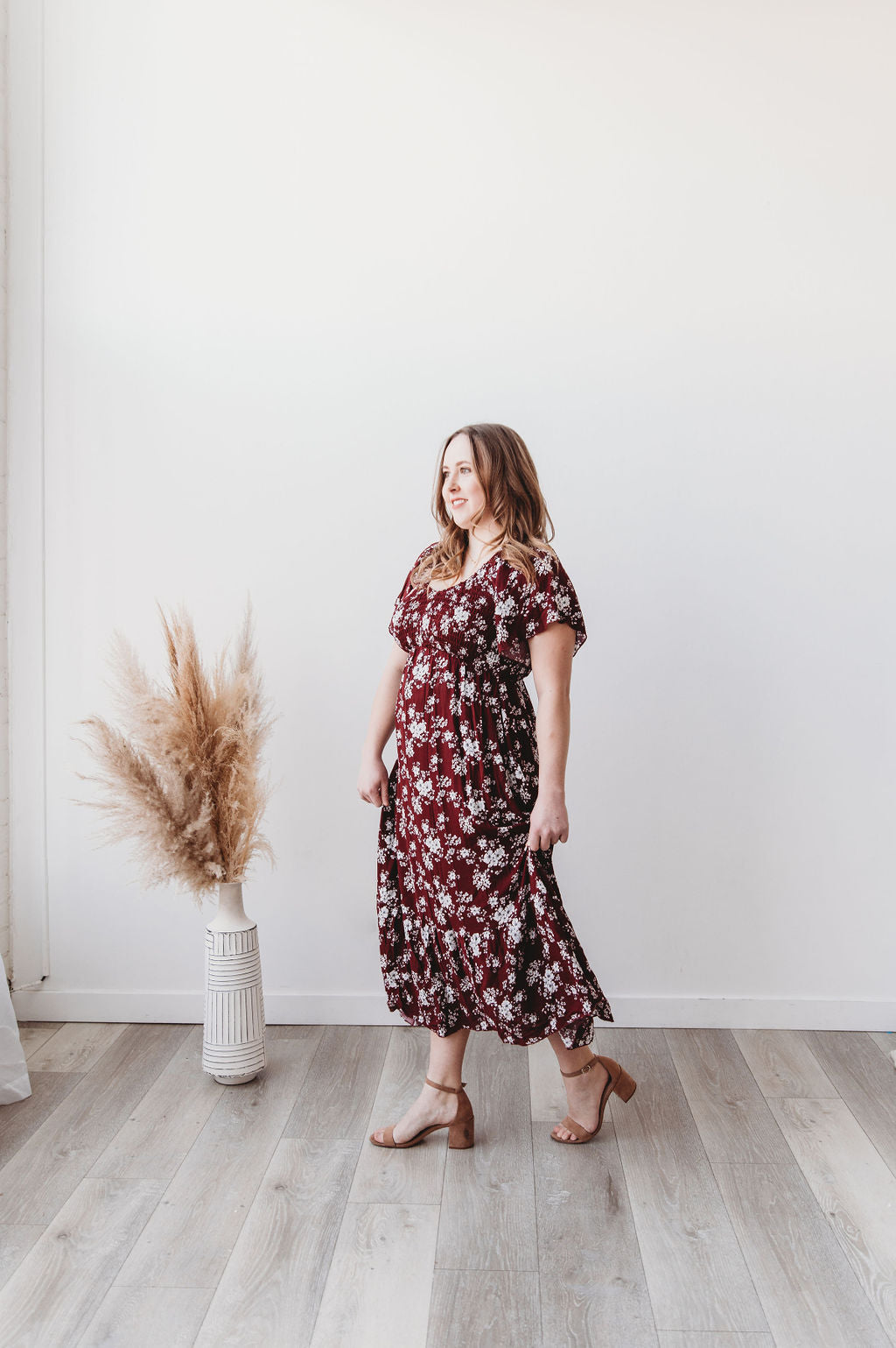 Burgundy Floral Midi Dress Women Modest Dress Large Burgundy Floral Midi Dress Women Modest Dress Large