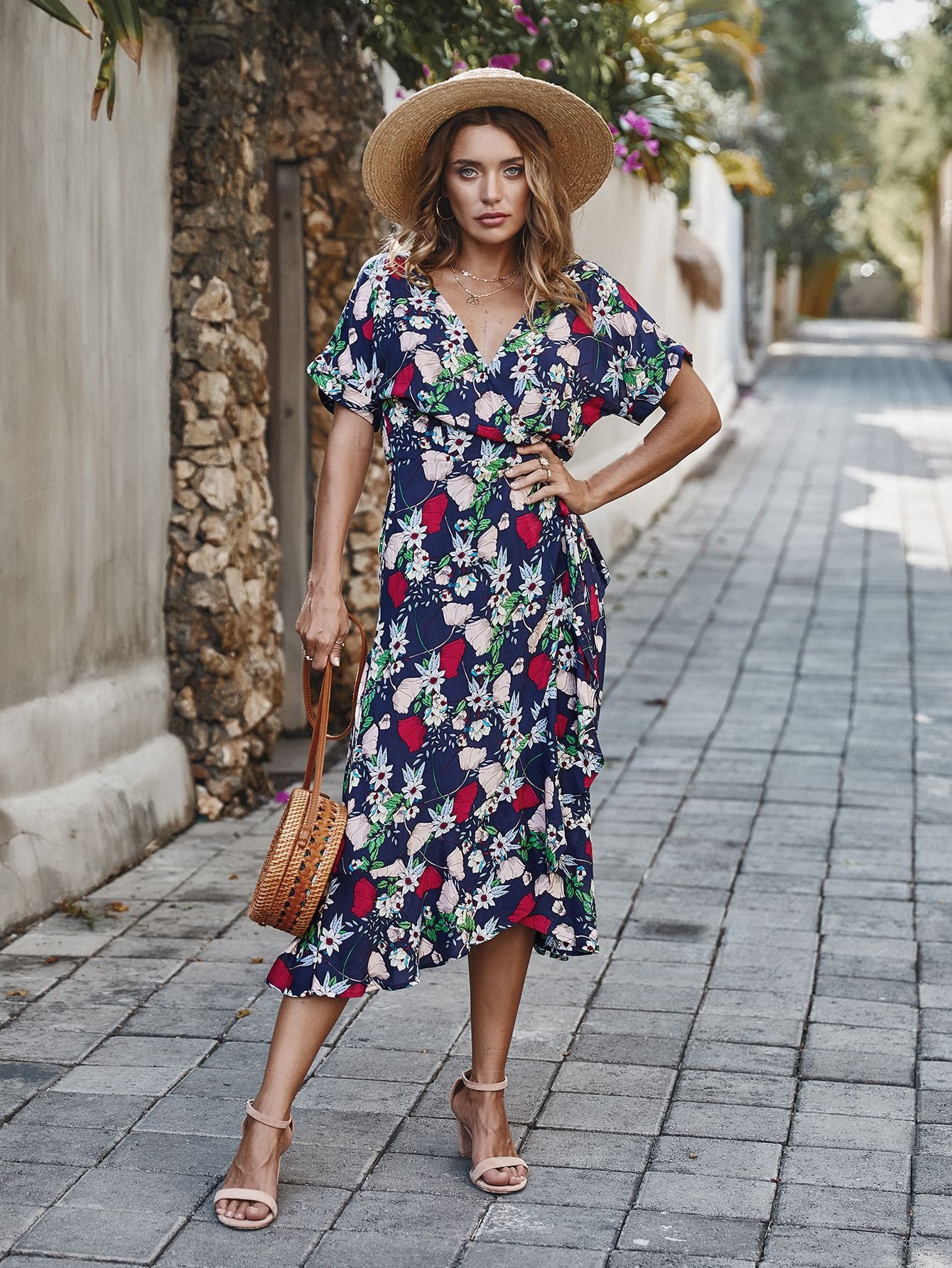 KNEE LENGTH  RUFFLE NAVY WRAP DRESS