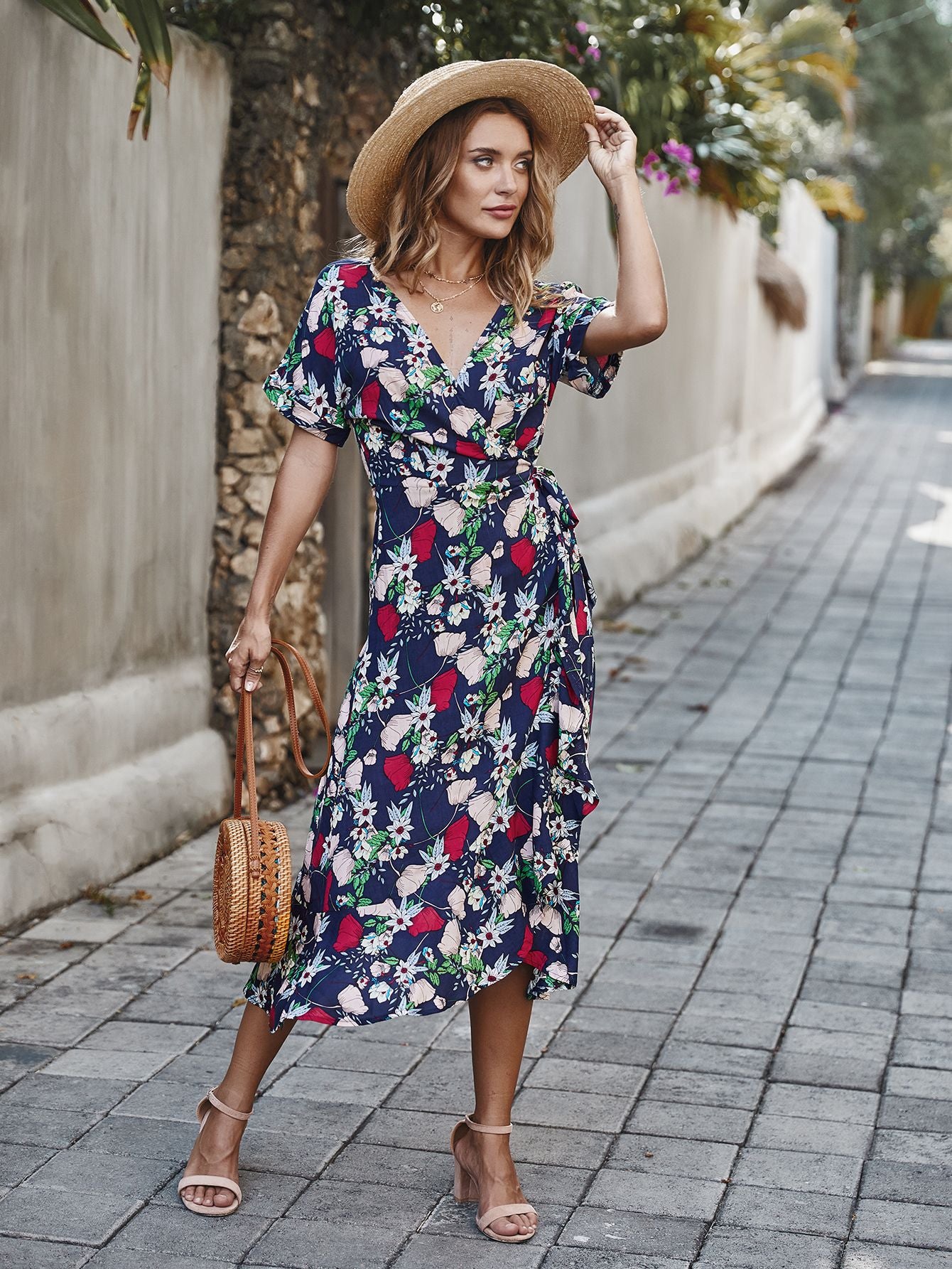 KNEE LENGTH RUFFLE NAVY WRAP DRESS