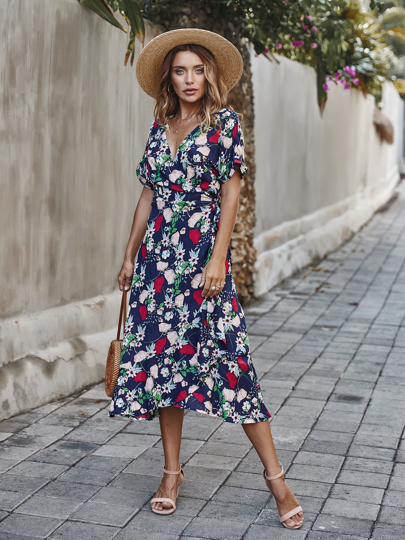 KNEE LENGTH  RUFFLE NAVY WRAP DRESS