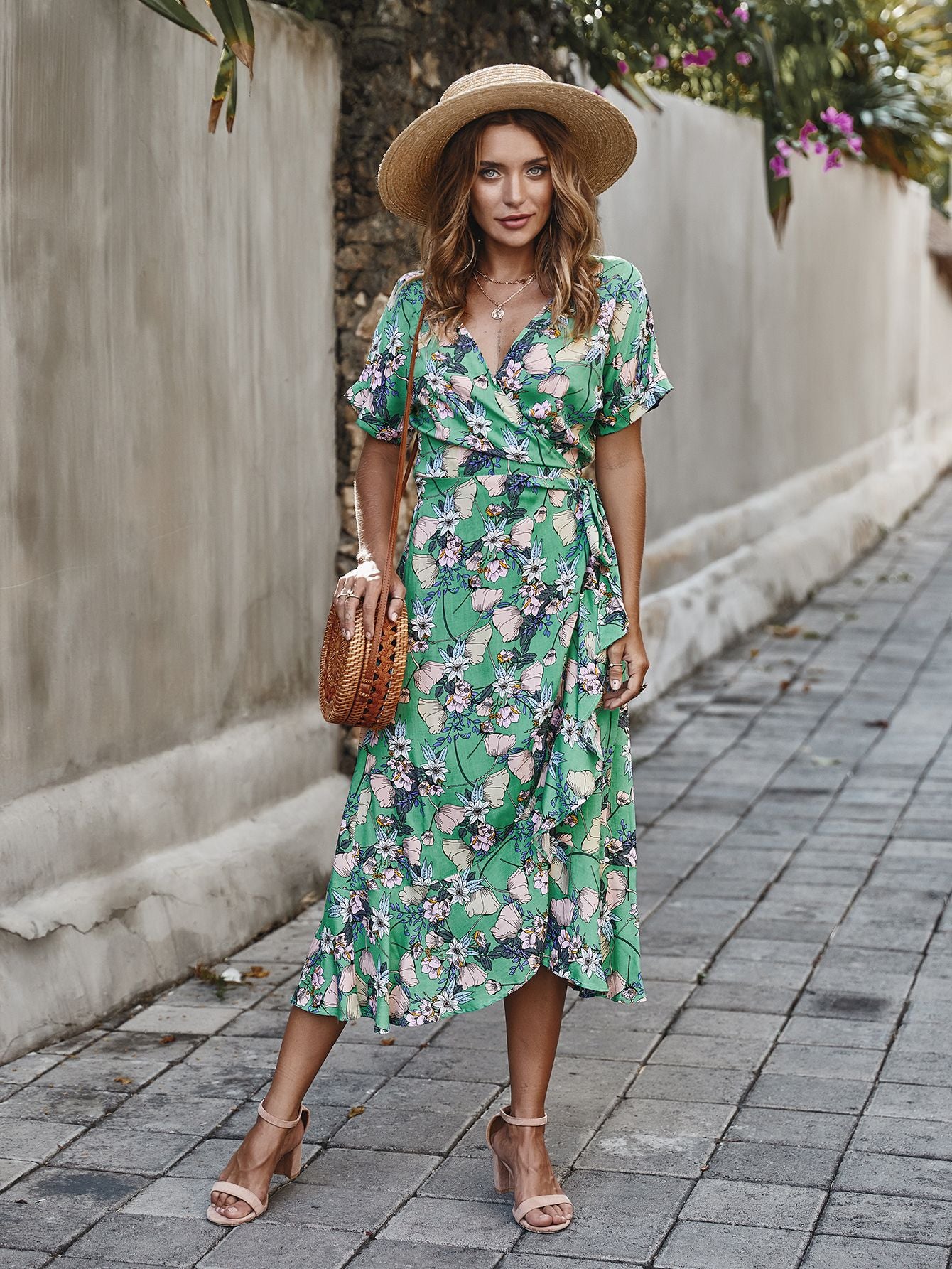 KNEE LENGTH  RUFFLE GREEN WRAP DRESS