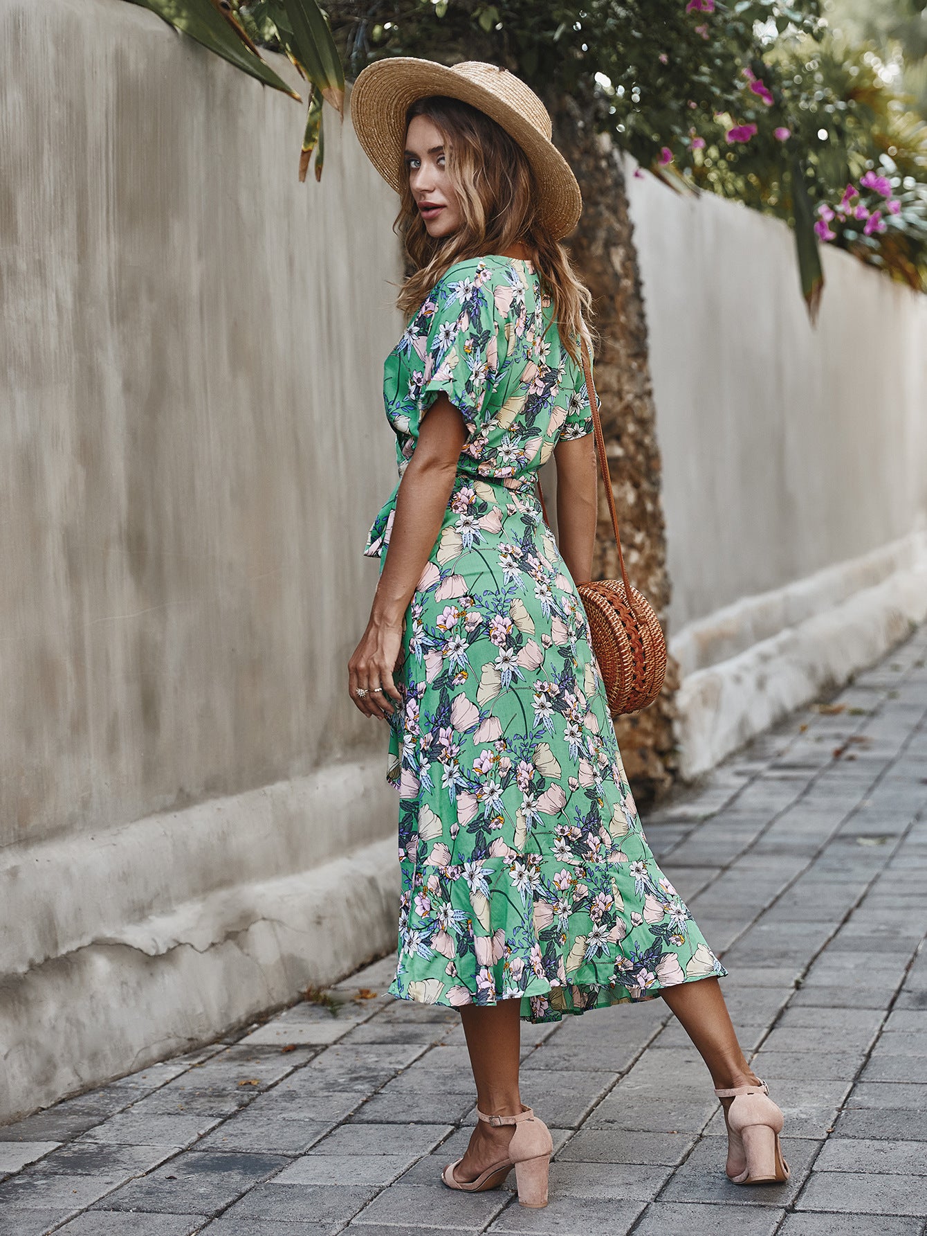 KNEE LENGTH  RUFFLE GREEN WRAP DRESS